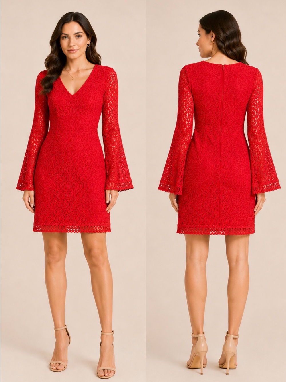 Laundry By Shelli Segal Red Lace Long Sleeve Dress